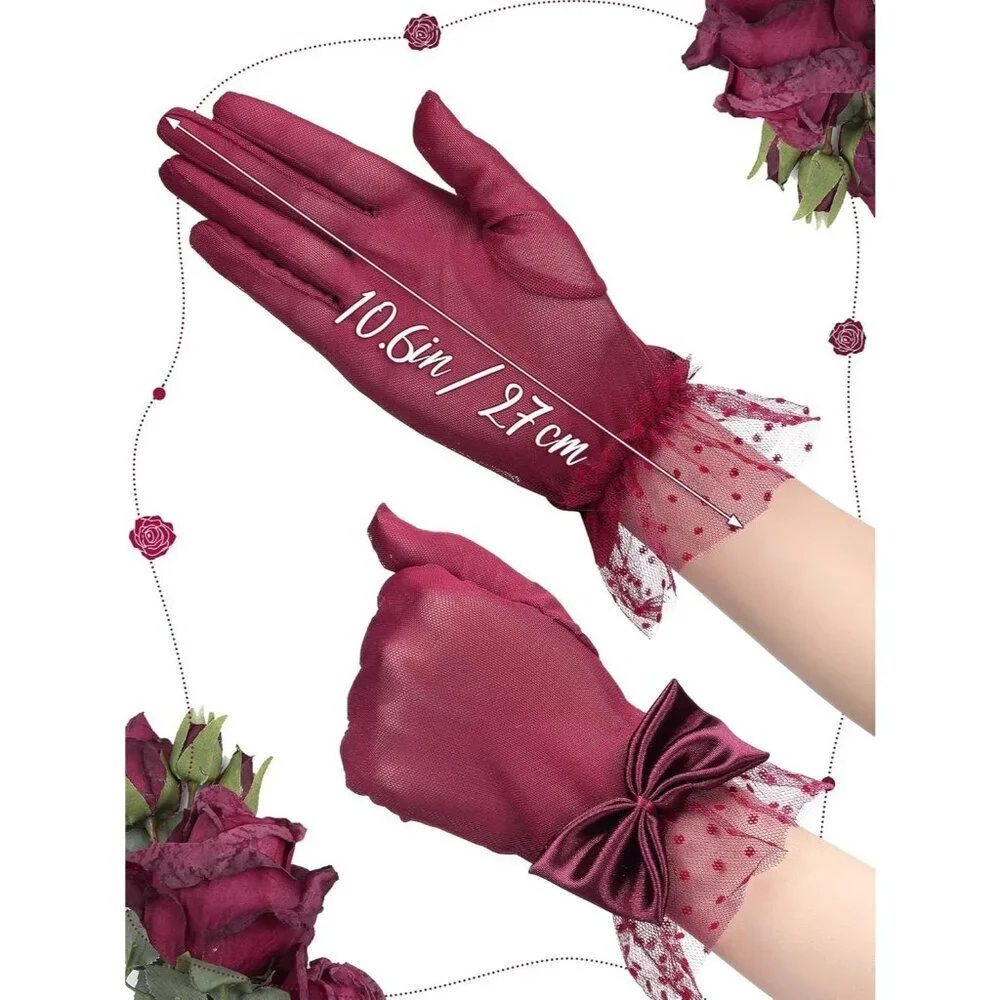 Women's Short Burgundy Bow Lace Gloves Party Elegant Opera Wedding Accessories